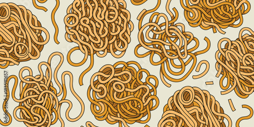 A fun seamless pattern texture of tangled spaghetti pasta noodles in messy delicious piles, a simple cartoon vector illustration perfect for Italian restaurant menus, kitchen wallpaper, food packaging