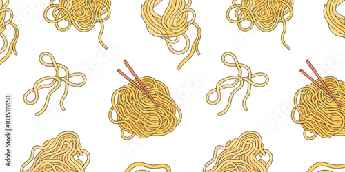 A vibrant seamless pattern featuring cartoon hand-drawn yellow noodle clumps and tangled strands, including several piles of ramen with red chopsticks, creating a decorative repeating background textu