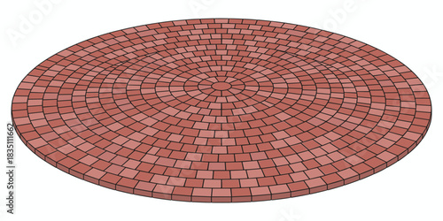 Detailed symmetrical circular radial brick paver medallion paving pattern isolated on a white background showing traditional terracotta red stonework hardscaping foundation design perfect for outdoor