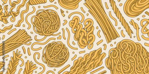 Abstract repeating pasta pattern background illustration featuring stylized hand-drawn yellow noodles, tangled spaghetti nests, fusilli, and raw macaroni shapes, creating a delicious culinary graphic
