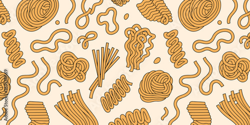Minimalist seamless pasta pattern illustration featuring various coiled dry noodle shapes, including spaghetti, fusilli, wavy strands, and bundles of ramen, creating a repetitive decorative food backg