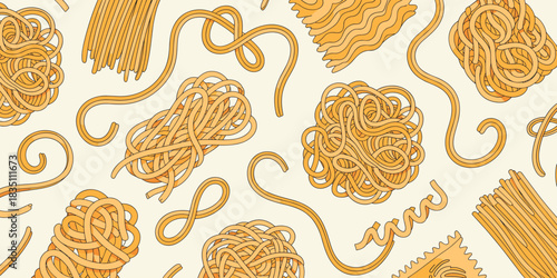 Detailed seamless vector pasta pattern illustration showcasing traditional Italian dried food ingredients, like tangled spaghetti, long noodles, and macaroni shapes, creating an appetizing culinary ba