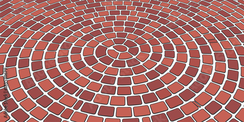Dynamic abstract graphic resource featuring a seamless radial spiral paver pattern texture background illustration, showing receding red and terracotta rounded cobblestone blocks perfect for architect