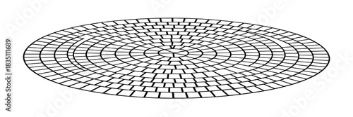 Detailed vector line art illustration of a circular radial paver pattern, featuring concentric rings of traditional cobblestone mosaic, ideal as a seamless graphic resource, backdrop, template, or arc