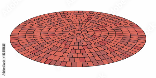 Detailed circular patio paver pattern illustration showcasing a terracotta red brick radial geometric design, perfect for home renovation, modern backyard landscaping, outdoor living space concepts, o