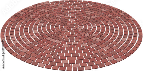 Isolated 3D geometric rendering of a radial circular brick paver pattern, showcasing concentric rings of reddish-brown cobblestones forming an intricate decorative medallion. This architectural floori