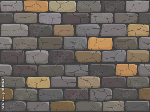 Seamless illustrated pattern of a stylized cartoon stone wall texture featuring rugged, colorful masonry blocks, perfect repeating architectural background graphic resource for fantasy video game asse