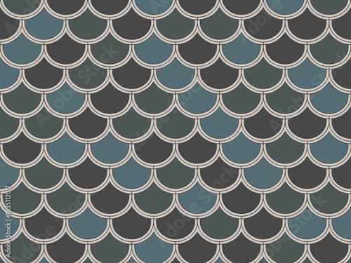 A seamless repeating geometric deep blue, teal, and charcoal gray fish scale pattern texture background, featuring an elegant art deco style scalloped tiling surface design, perfect for sophisticated
