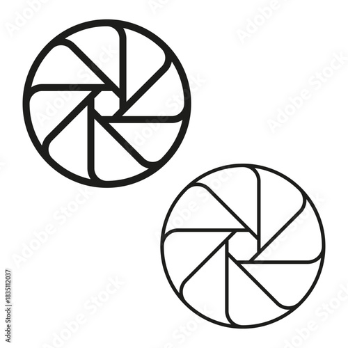 Two aperture blades. Circular photo shutter. Abstract camera symbol. Vector outline illustration.