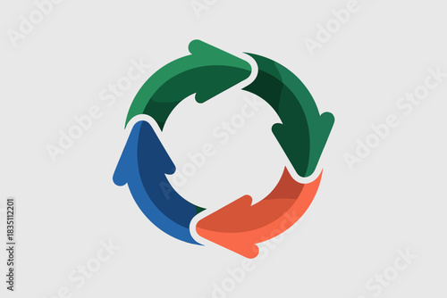 Three vibrant arrows forming a continuous circular loop diagram illustrating the concept of business workflow, iterative process, cyclical renewal, sustainable recycling, rotation, and essential steps
