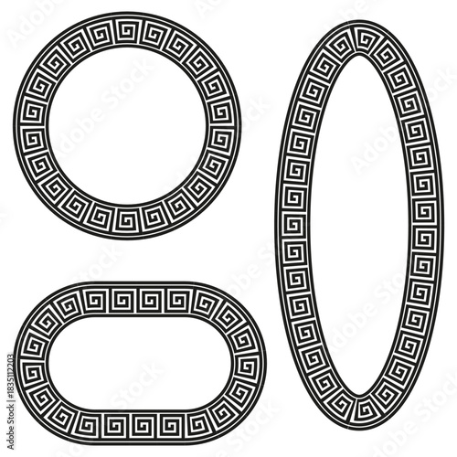 Greek meander ornament. Oval circle frame. Repetitive ancient pattern. Vector graphic border.
