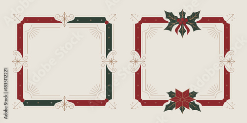 Elegant Christmas holiday frames graphic resources featuring decorative holly and poinsettia borders, ideal vector templates for seasonal invitations, menus, and certificate stationary design with cla
