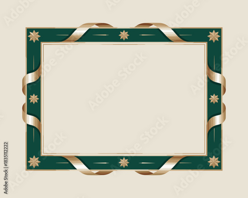 Elegant luxury professional decorative rectangular frame template featuring an ornate emerald green border with rich gold ribbons and classic vintage Art Deco star accents for prestigious diploma cert