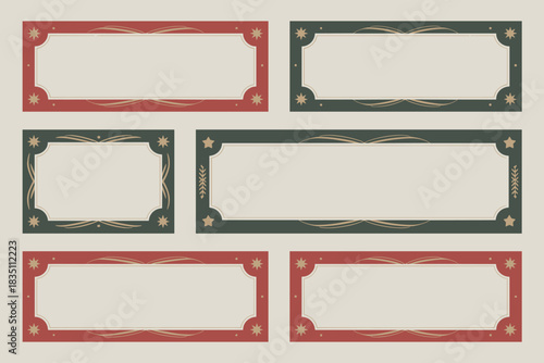 A collection of elegant vintage Christmas labels and decorative frames featuring traditional red and green holiday borders, accented with golden stars and swirling flourishes, ideal graphic resources