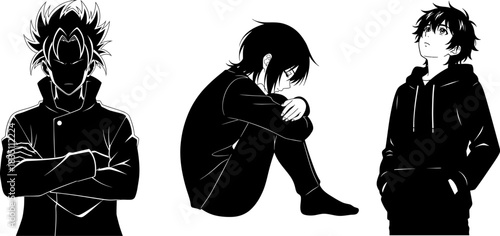 Anime Silhouettes Of A Man With Crossed Arms A Crouching Person And A Hoodie Boy vector illustration