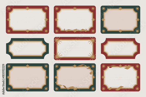 Elegant vintage Christmas labels collection template set featuring ornate star decorations, flowing ribbon details, and classic red and deep green borders, ideal graphic resource for holiday stationer