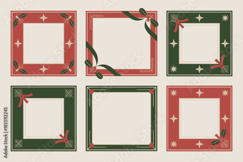 Six retro Christmas frames with classic red and green colors, featuring vintage holiday borders decorated with holly, festive ribbons, bows, and geometric stars, perfect graphic resources for elegant