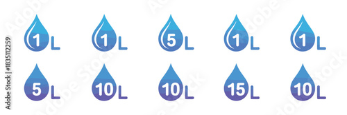 Professional modern water droplet icons displaying liquid volume measurements and capacity amounts in Liters (1L, 5L, 10L, 15L), clean minimal graphic resource symbols for product packaging, water pur