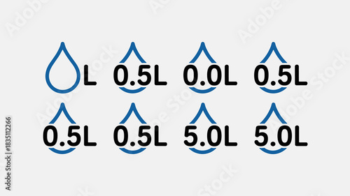 Minimalist vector graphic illustration of hydration volume icons showing precise liquid capacity measurements in liters (0.5L, 5.0L), symbolizing water consumption, scientific data, environmental cons