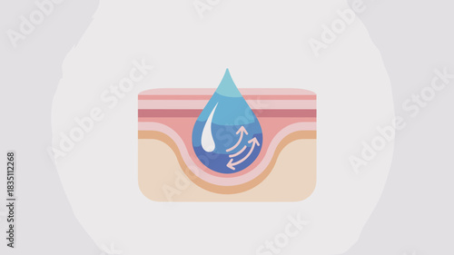 Conceptual diagram of intensive cosmetic skin hydration where a deep moisturizing blue water droplet penetrates the epidermal and dermal layers, promoting cellular absorption, wrinkle renewal, anti-ag