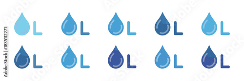 Diverse collection of blue water droplet icons and symbols representing liquid volume capacity, hydration measurement, and fluid quantity, featuring the metric unit liter L, ideal for environmental sc