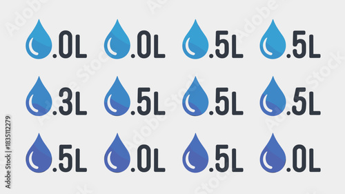 Blue water droplets volume measurement interface displaying different consumption data metrics in liters, perfect for hydration tracking infographics, ecological presentations, or utility service adve