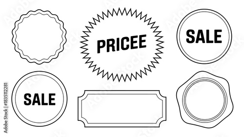 Vector collection of various blank promotion stickers, price tag badges, and graphic elements, including classic outline starburst circular seals, wavy shapes, and rectangular banner templates, perfec