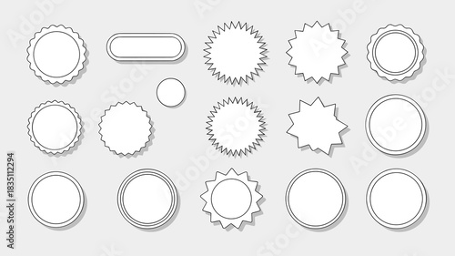 A versatile collection of blank white vector sticker templates and badge shapes featuring various minimalist circular seals, starburst designs, wavy scalloped edges, and price tag labels, ideal graphi