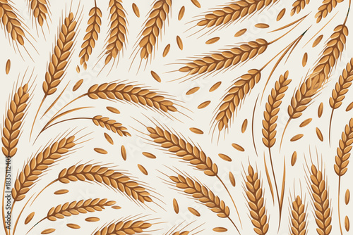 Golden brown ripe wheat ears, sprigs, and scattered cereal grains creating an abundant seamless vector pattern background for baking and food industry marketing, textile design, website graphics, or t