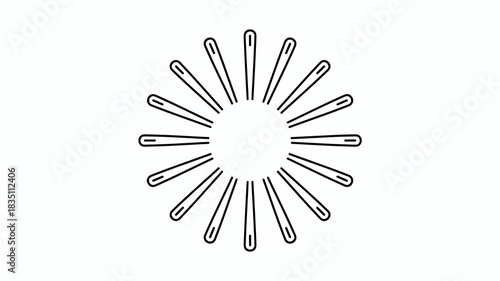 A radial circle of abstract sewing needles arranged in a striking sunburst pattern, forming a perfect graphic vector outline icon ideal for fashion, tailoring, craft, or precision technology business