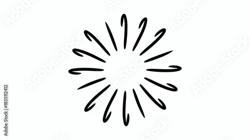Simple hand-drawn black graphic radial sunburst focus element used to emphasize and highlight a central point, creating an attention-grabbing focus effect; bold doodle style sketch lines illustrating