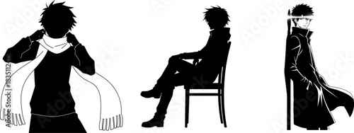 Anime Silhouettes Of A Man Adjusting Scarf Sitting And Standing In Coat vector illustration