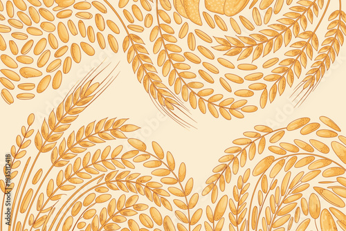 Hand drawn stylized wheat grain kernels and whole cereal spikes scattered on a light cream background, creating a seamless background pattern design for rustic bakery and farm food business marketing,
