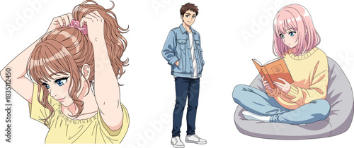 Anime Style People Posing And Reading A Book On White Background manga character