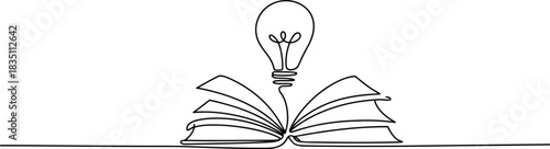 A continuous single black line drawing depicting an open book with an illuminated lightbulb above its pages