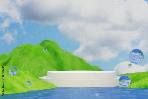 White podium with in blue water surrounded by green hills and glass spheres. 3D rendering.