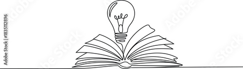 A continuous single black line drawing showing an open textbook with a glowing lightbulb illuminating its content