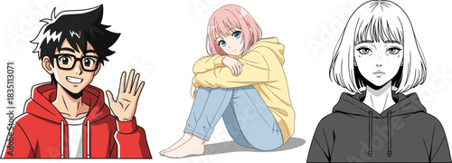 Anime Characters A Waving Boy A Sitting Girl And A Woman With Freckles vector illustration