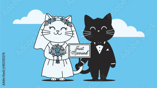 Just married cartoon cats celebrate their wedding day with adorable charm against a soft blue sky background perfect for invitations and announcements
