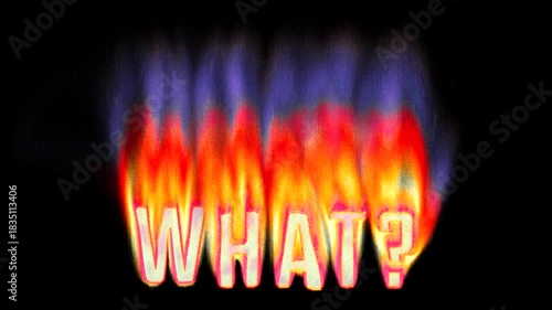 Animated heat map What? text title burning in pixelated retro-styled fire flames on a transparent alpha channel in a seamless loop.