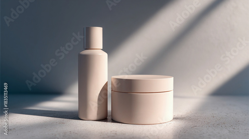 Envases cosméticos beige sobre superficie texturizada con luz natural diagonal y fondo azul neutro
