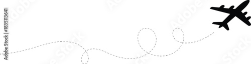 A simple black airplane icon flying across a white background following a dotted line path