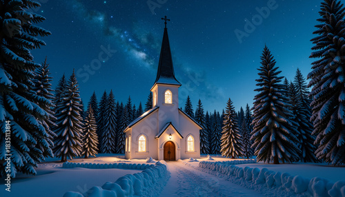 Snowy church at night surrounded by pine trees and stars in winter  