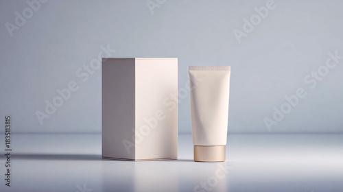 Tubo cosmético en tono neutro junto a su caja rectangular sobre superficie suave y fondo minimalista, en una composición limpia y elegante de producto.