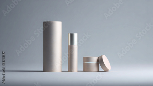 Envases cosméticos minimalistas en tonos neutros sobre fondo suave, incluyendo frascos cilíndricos y tarro con tapa inclinada en una composición limpia y elegante.