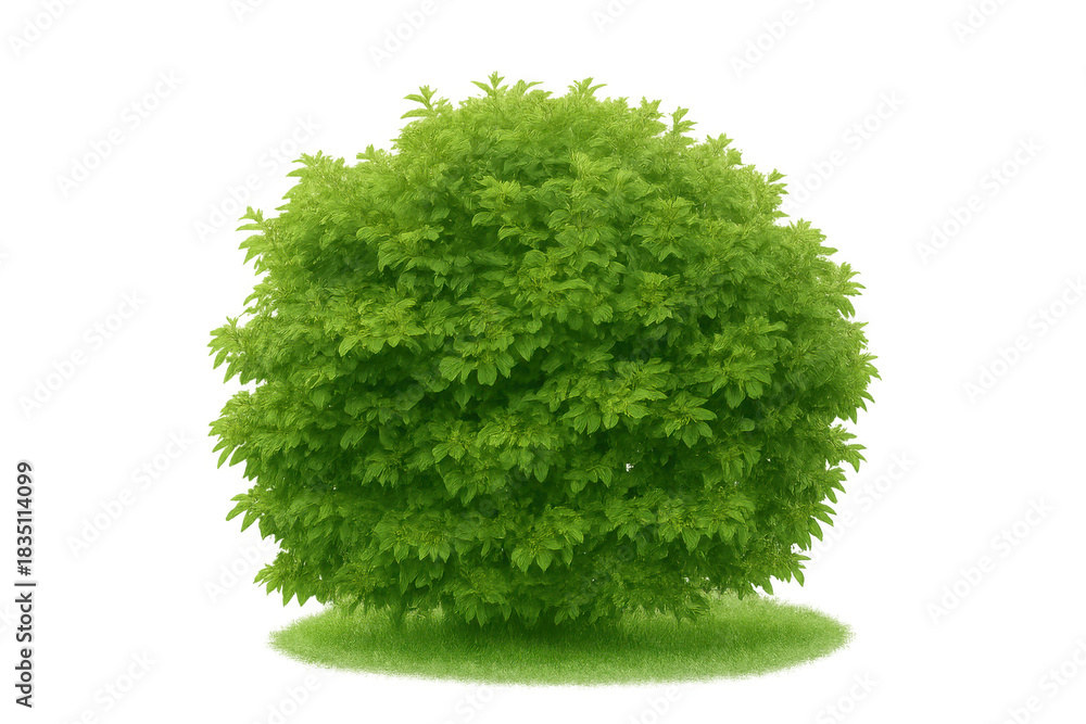 Fototapeta premium Lush green bush with vibrant fresh leaves on a small grass patch, isolated on transparent background, garden element