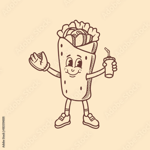 mascot shawarma with baseball glove and softdrink with retro style good  for branding, doodle, logo design, etc