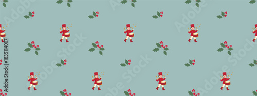 Seamless Christmas pattern featuring toy drummers and holly sprigs on a blue green background. Festive, playful holiday design perfect for wrapping paper and seasonal decor.