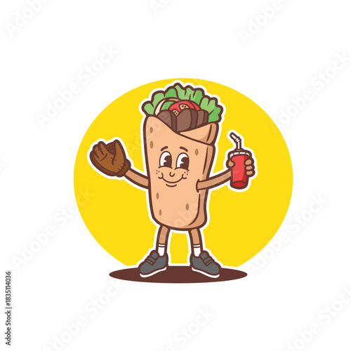 mascot shawarma with baseball glove and softdrink good for sticker, badge, element design, print design, etc