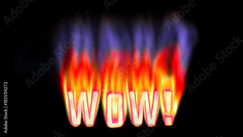 Animated heat map WOW! text title burning in pixelated retro-styled fire flames on a transparent alpha channel in a seamless loop.